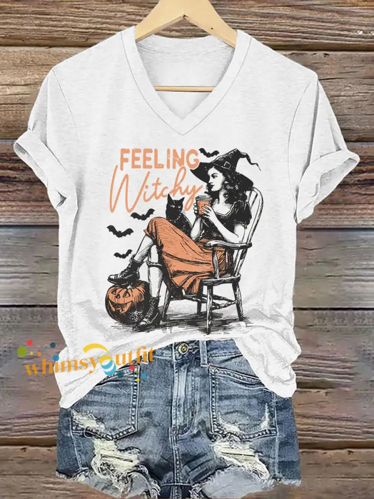 Women’s Halloween Feeling Witchy Printed V neck T shirt White / S