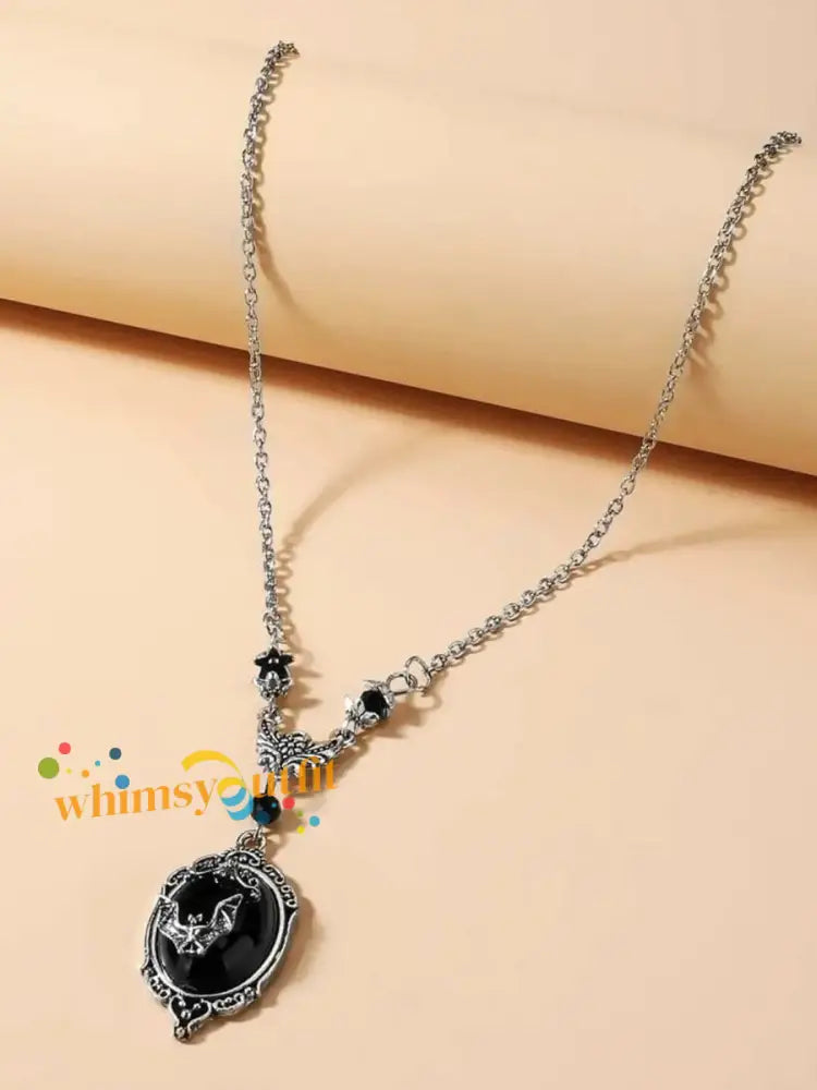 Women’s Halloween Gothic Bat Spider Black Gemstone Necklace