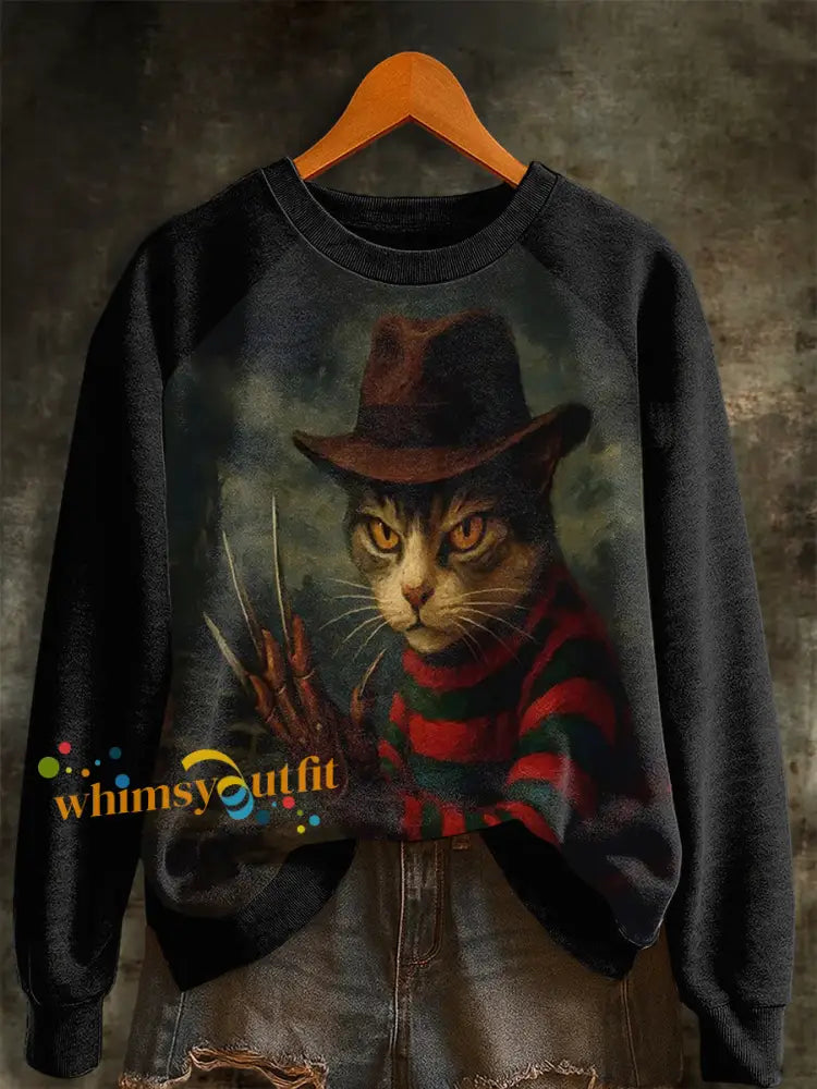 Women’s Halloween Horror Movie Cat Raglan Sleeve Sweatshirt Black / S