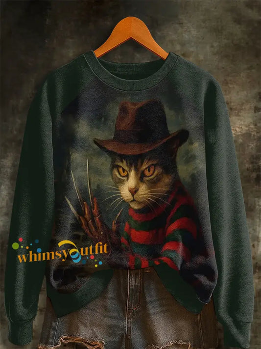 Women’s Halloween Horror Movie Cat Raglan Sleeve Sweatshirt Dark Green / S