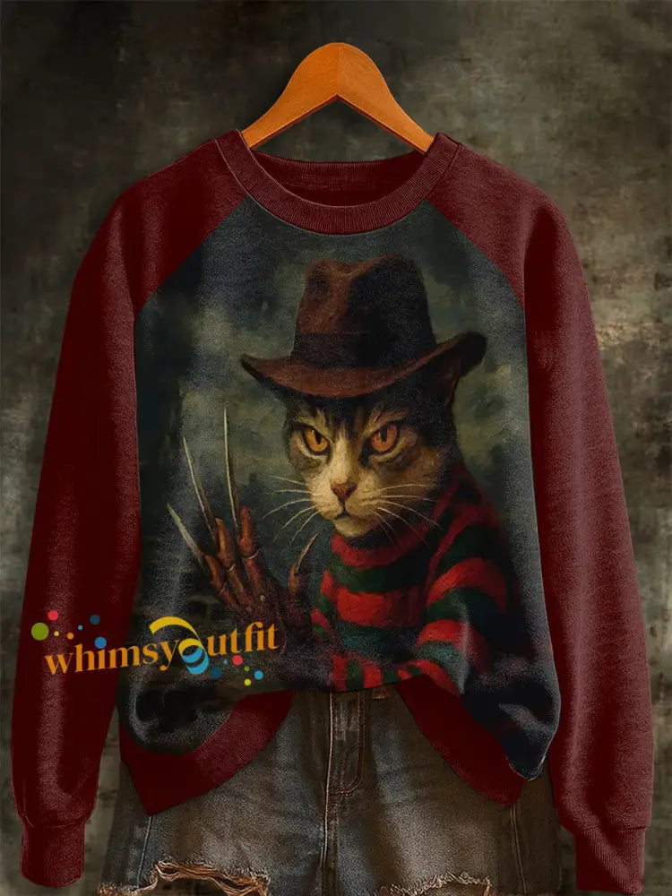 Women’s Halloween Horror Movie Cat Raglan Sleeve Sweatshirt Wine Red / S