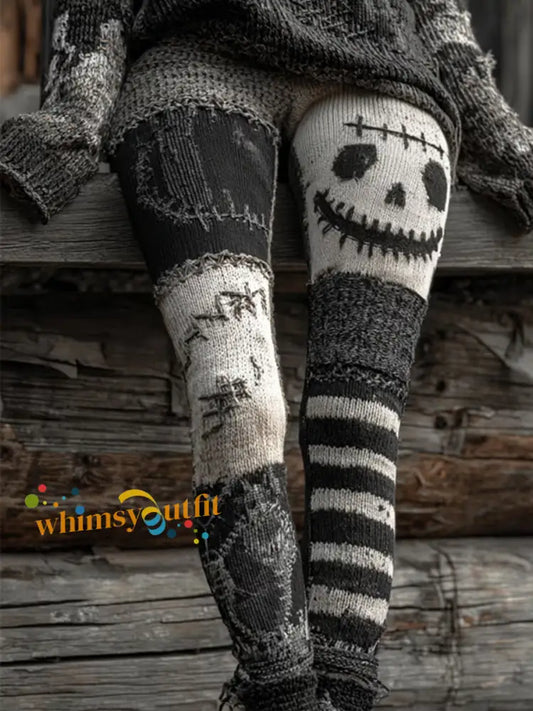 Women’s Halloween Patchwork Print Leggings Dark Grey / S
