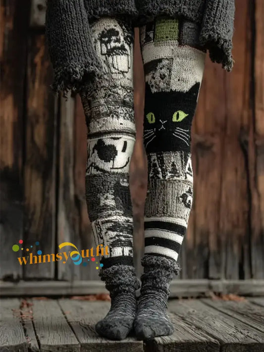Women’s Halloween Patchwork Print Leggings Dark Grey / S
