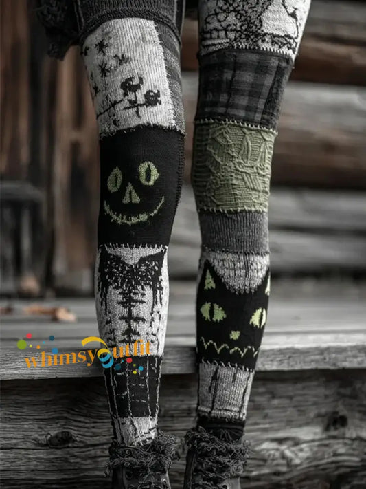 Women’s Halloween Patchwork Print Leggings Dark Grey / S
