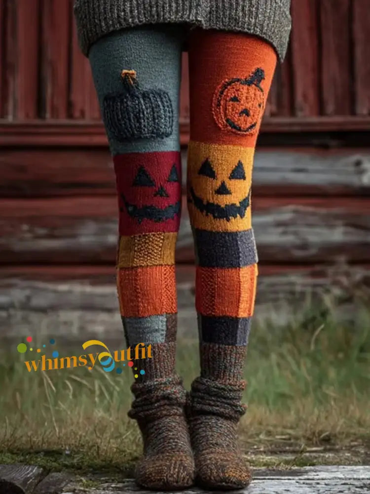 Women’s Halloween Patchwork Print Leggings Pumpkin Orange / S