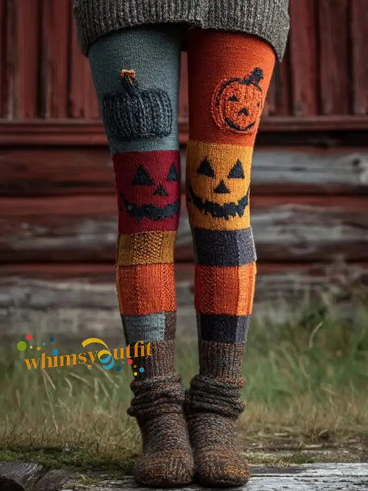 Women’s Halloween Patchwork Print Leggings Pumpkin Orange / S