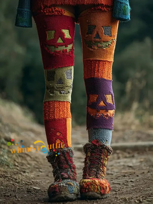 Women’s Halloween Patchwork Print Leggings Pumpkin Orange / S