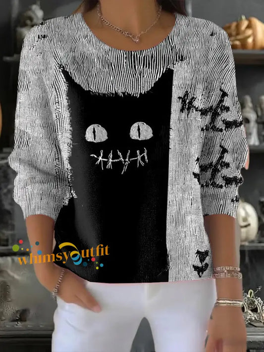 Women’s Halloween Patchwork round neck ribbed top As picture / S