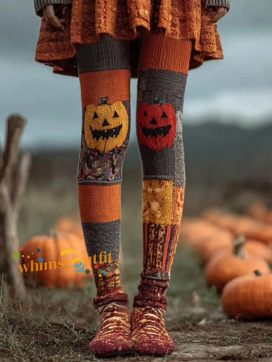 Women’s Halloween Pumpkin Face Print Leggings Pumpkin Orange / S
