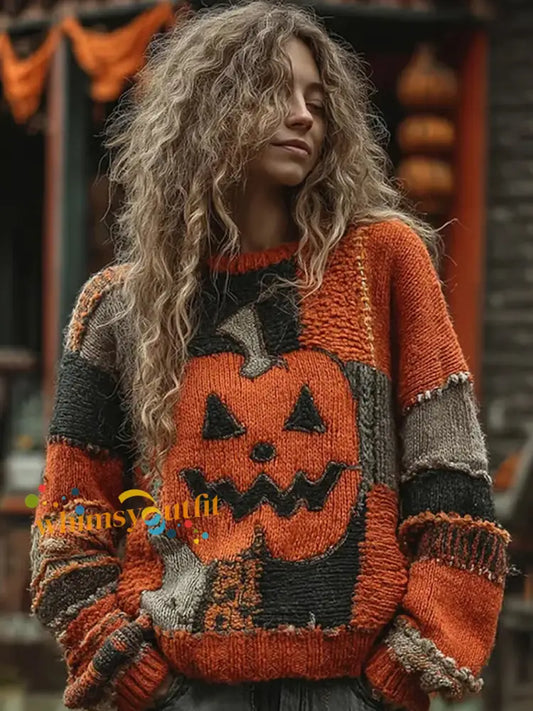 Women’s Halloween Pumpkin Face Stitched Print Sweater Pumpkin Orange / S