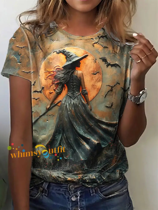 Women’s Halloween Retro Witch Print T Shirt As picture / S