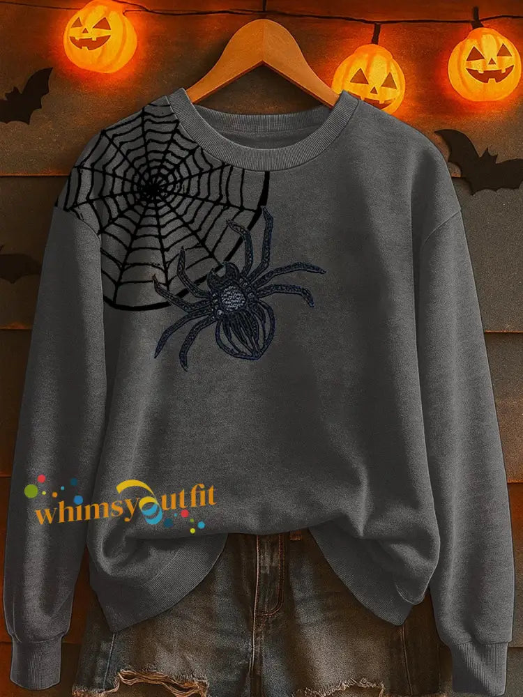 Women’s Halloween Spider Print Casual Sweatshirt Dark Gray / S