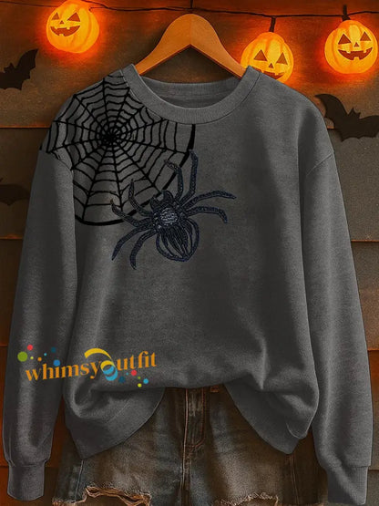 Women’s Halloween Spider Print Casual Sweatshirt Dark Gray / S