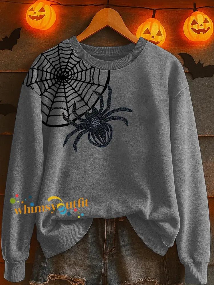 Women’s Halloween Spider Print Casual Sweatshirt Light Gray / S