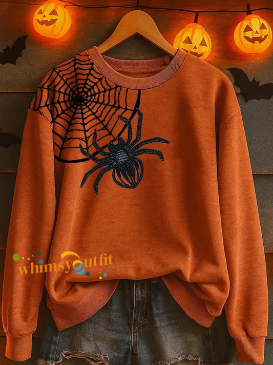Women’s Halloween Spider Print Casual Sweatshirt Orange / S