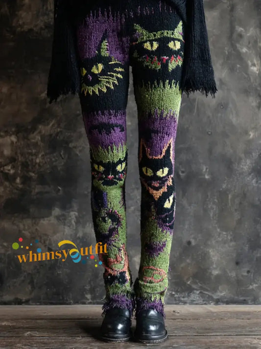 Women’s Halloween Spooky Cat Embroidered Knit Leggings Purple / S