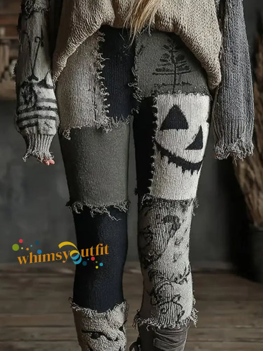 Women’s Halloween Spooky Face Stitched Print leggings Dark Grey / S