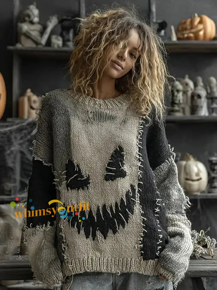 Women’s Halloween Spooky Face Stitched Print Sweater Dark Grey / S