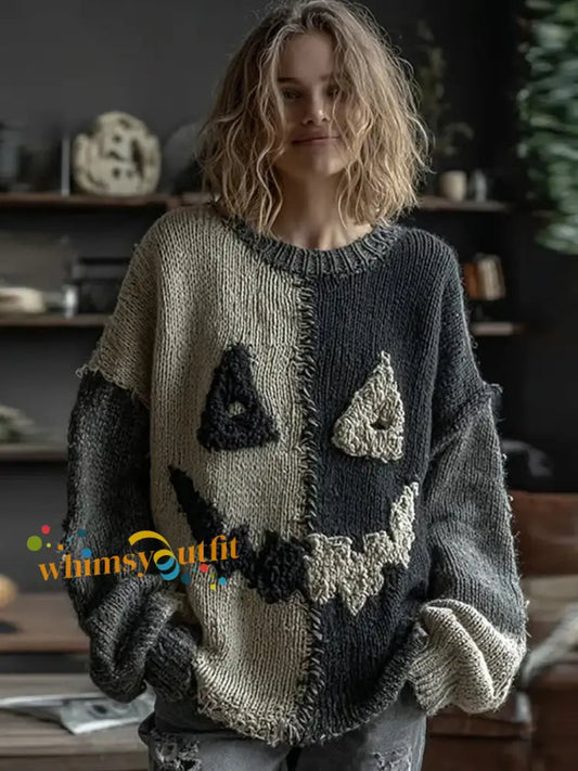 Women’s Halloween Spooky Face Stitched Print Sweater Dark Grey / S