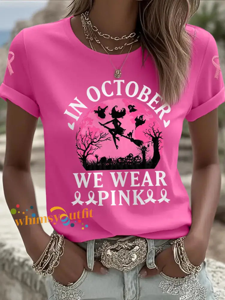 Women’s Halloween Witch In October We Wear Pink Breast Cancer Awareness Tee Rose Red / S