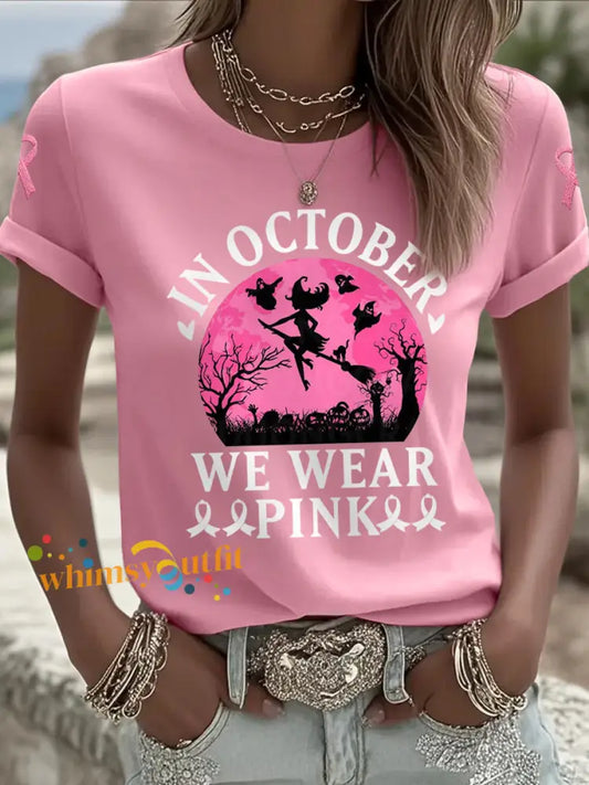 Women’s Halloween Witch In October We Wear Pink Breast Cancer Awareness Tee Pink / S