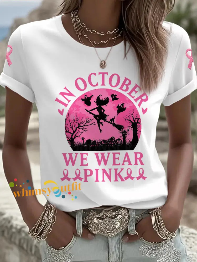 Women’s Halloween Witch In October We Wear Pink Breast Cancer Awareness Tee White / S