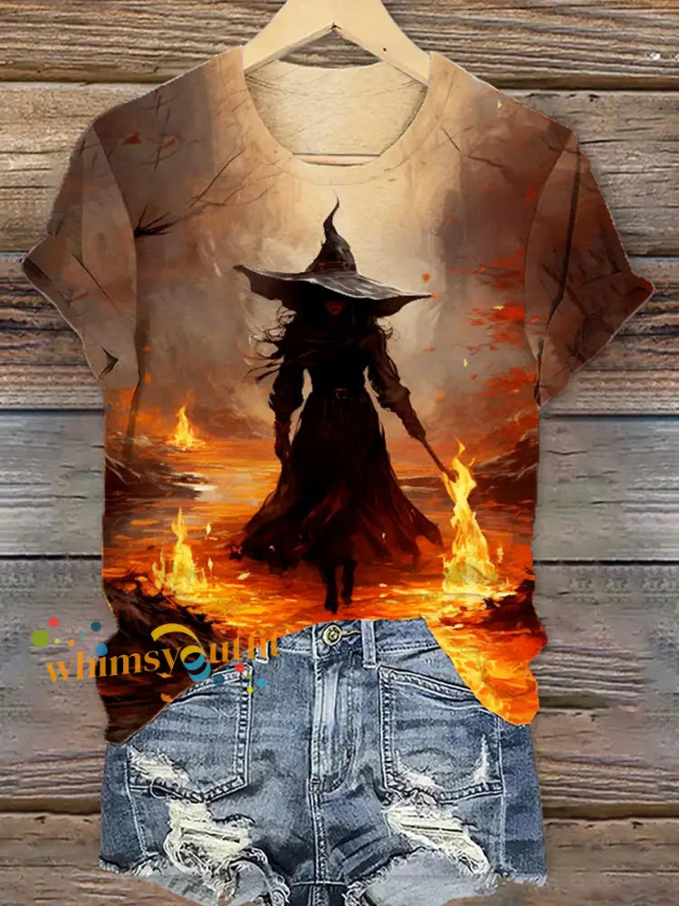 Women’s Halloween Witch In The Creek Print T Shirt As picture / S