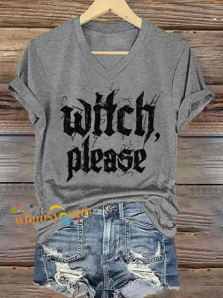 Women’s Halloween Witch Please Printed V neck T shirt Light Gray / S