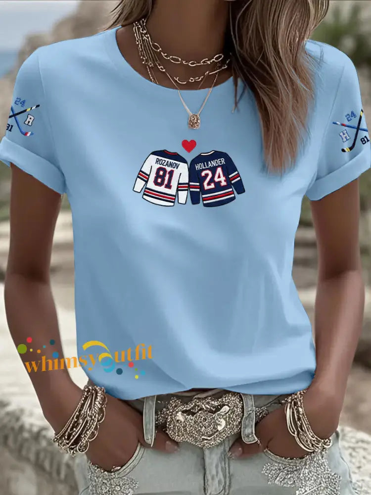 Women’s Hockey Print Casual T-shirt Light Blue / S