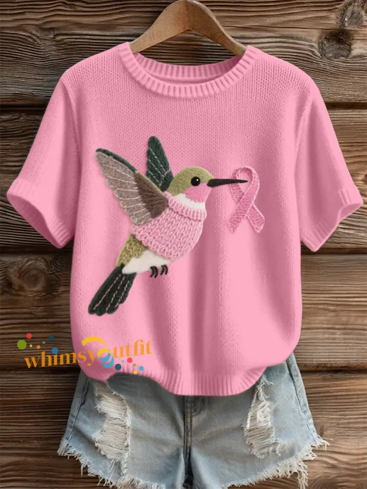 Women’s Hummingbird Pattern Felt Art Cozy Knit Top Pink / S