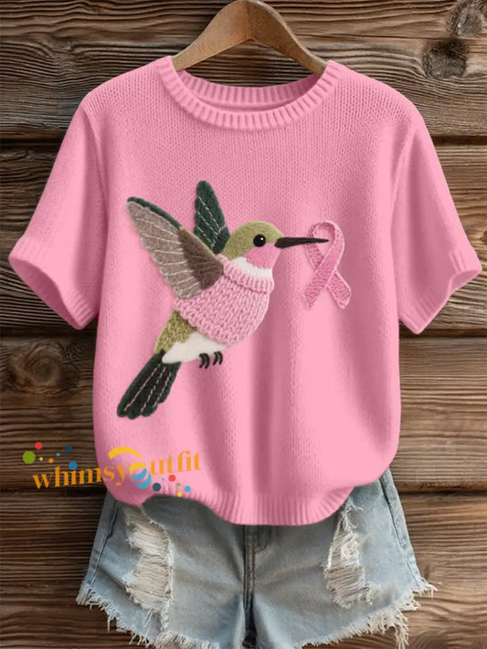 Women’s Hummingbird Pattern Felt Art Cozy Knit Top Pink / S
