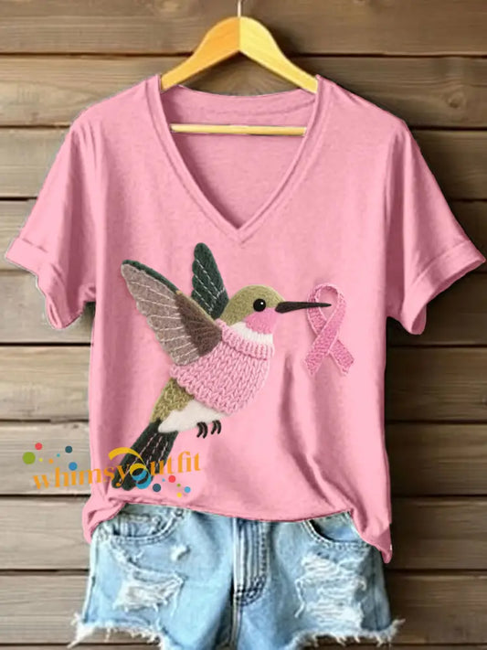 Women’s Hummingbird Pattern Felt Art V Neck T Shirt Pink / S