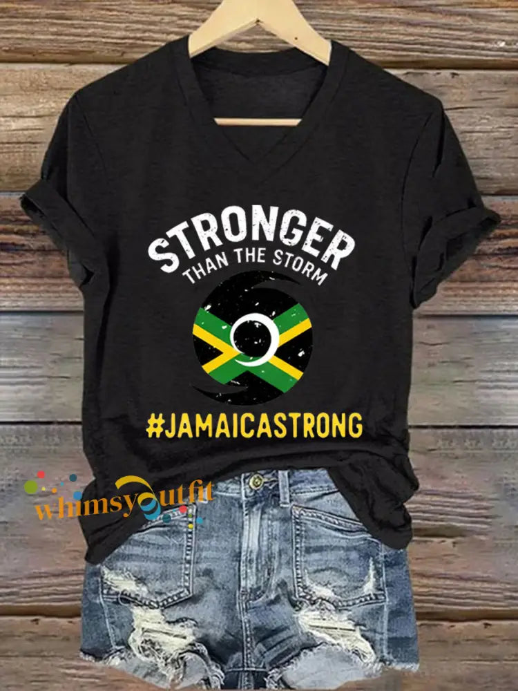 Women’s Hurricane Melissa Jamaica Stronger Than The Storm Pray For Jamaica V-Neck Tee Black / S