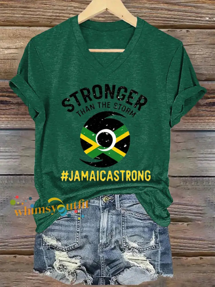 Women’s Hurricane Melissa Jamaica Stronger Than The Storm Pray For Jamaica V-Neck Tee Dark Green / S