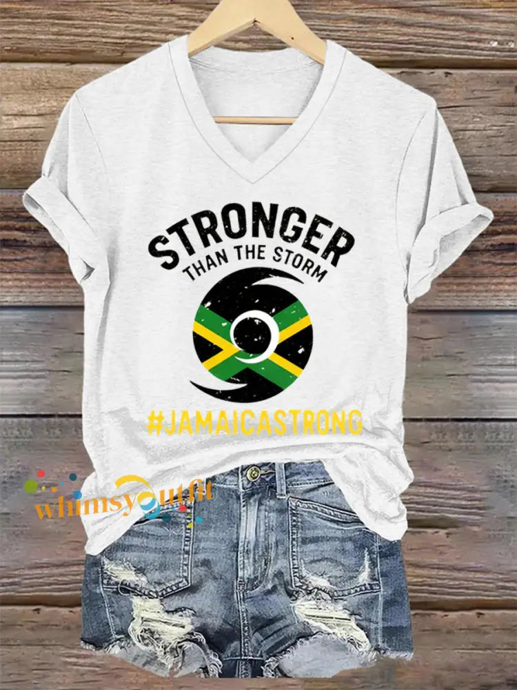 Women’s Hurricane Melissa Jamaica Stronger Than The Storm Pray For Jamaica V-Neck Tee White / S