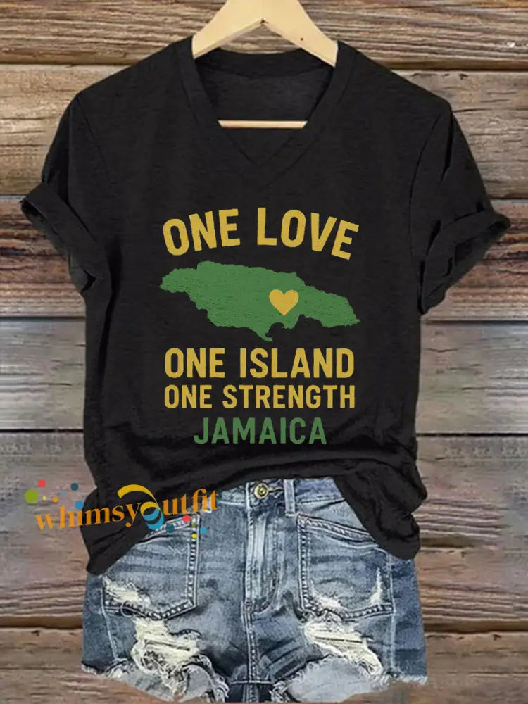 Women’s Hurricane Melissa One Love One Island One Strength Jamaica V-Neck Tee Black / S