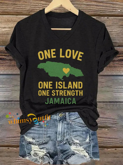 Women’s Hurricane Melissa One Love One Island One Strength Jamaica V-Neck Tee Black / S