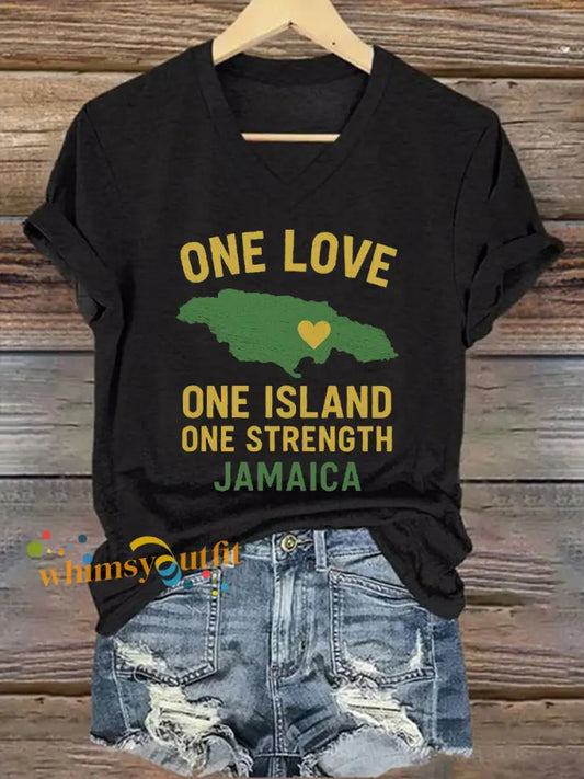 Women’s Hurricane Melissa One Love One Island One Strength Jamaica V-Neck Tee Black / S