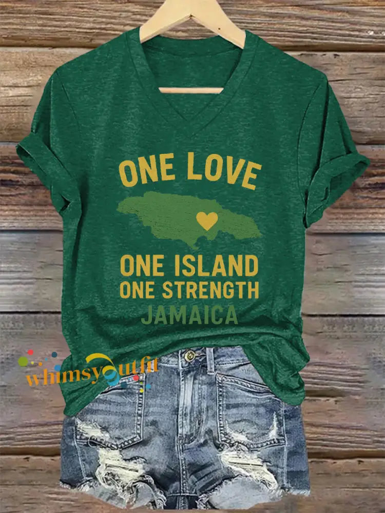 Women’s Hurricane Melissa One Love One Island One Strength Jamaica V-Neck Tee Dark Green / S