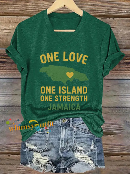 Women’s Hurricane Melissa One Love One Island One Strength Jamaica V-Neck Tee Dark Green / S