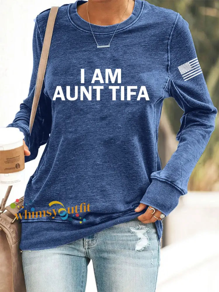 Women’s I Am Aunt Tifa Aunties Against Fascists Sweatshirt Blue / S