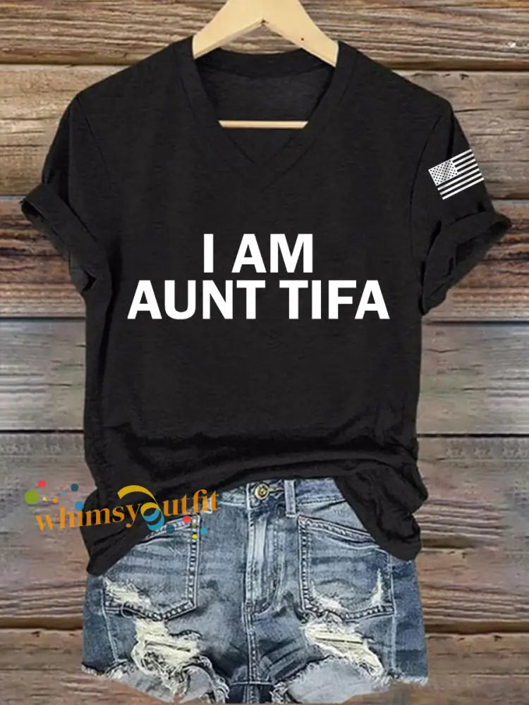 Women’s I Am Aunt Tifa Aunties Against Fascists V-Neck Tee Black / S