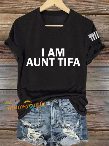 Women’s I Am Aunt Tifa Aunties Against Fascists V-Neck Tee Black / S