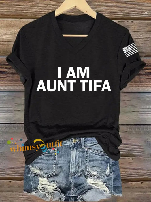 Women’s I Am Aunt Tifa Aunties Against Fascists V-Neck Tee Black / S