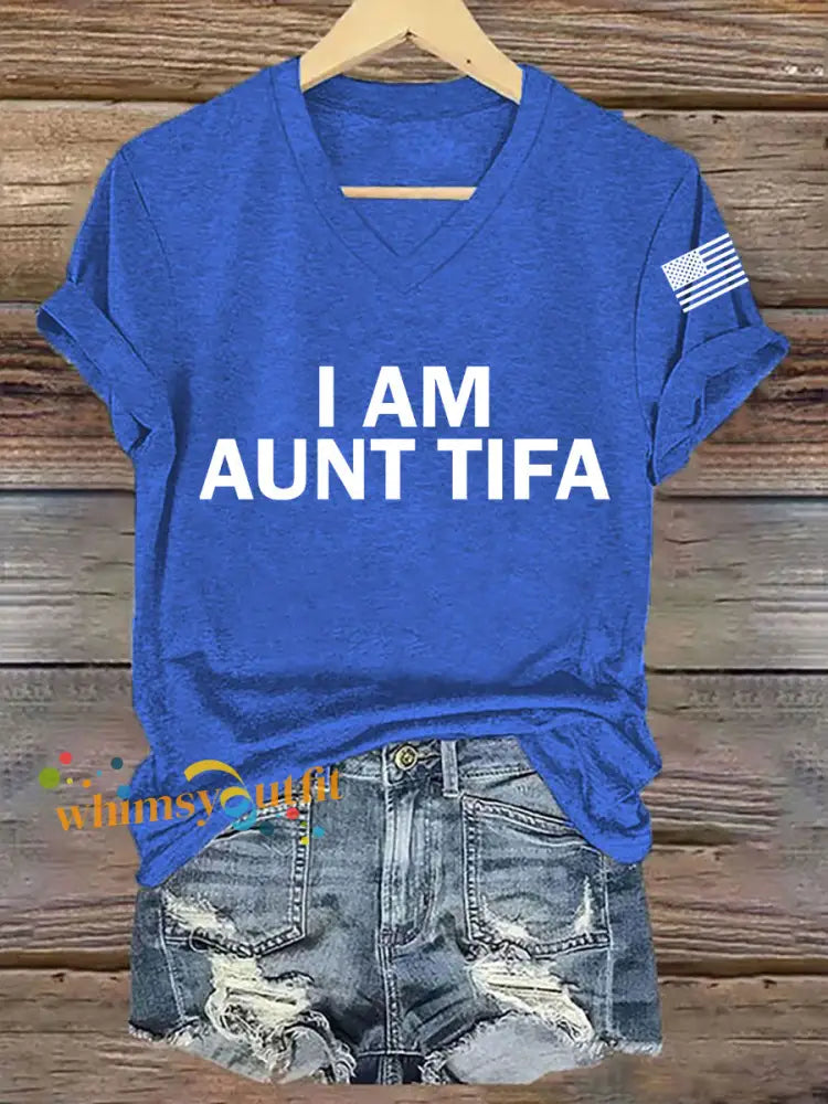 Women’s I Am Aunt Tifa Aunties Against Fascists V-Neck Tee Blue / S