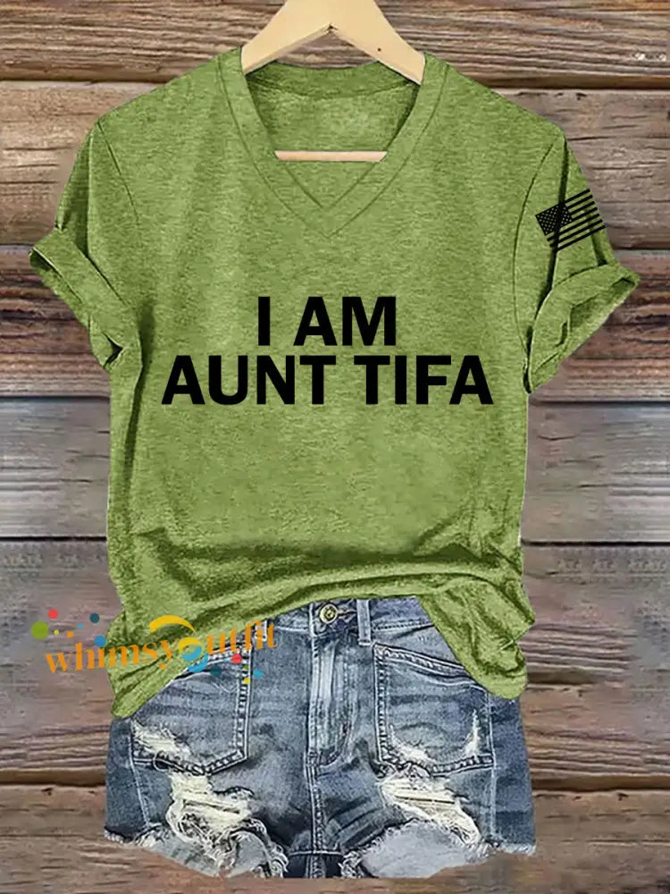 Women’s I Am Aunt Tifa Aunties Against Fascists V-Neck Tee Green / S
