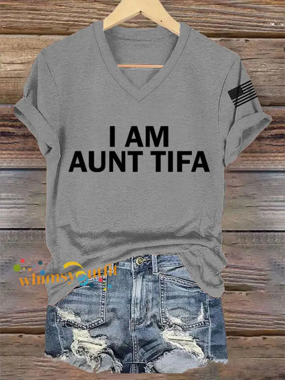 Women’s I Am Aunt Tifa Aunties Against Fascists V-Neck Tee Light Gray / S
