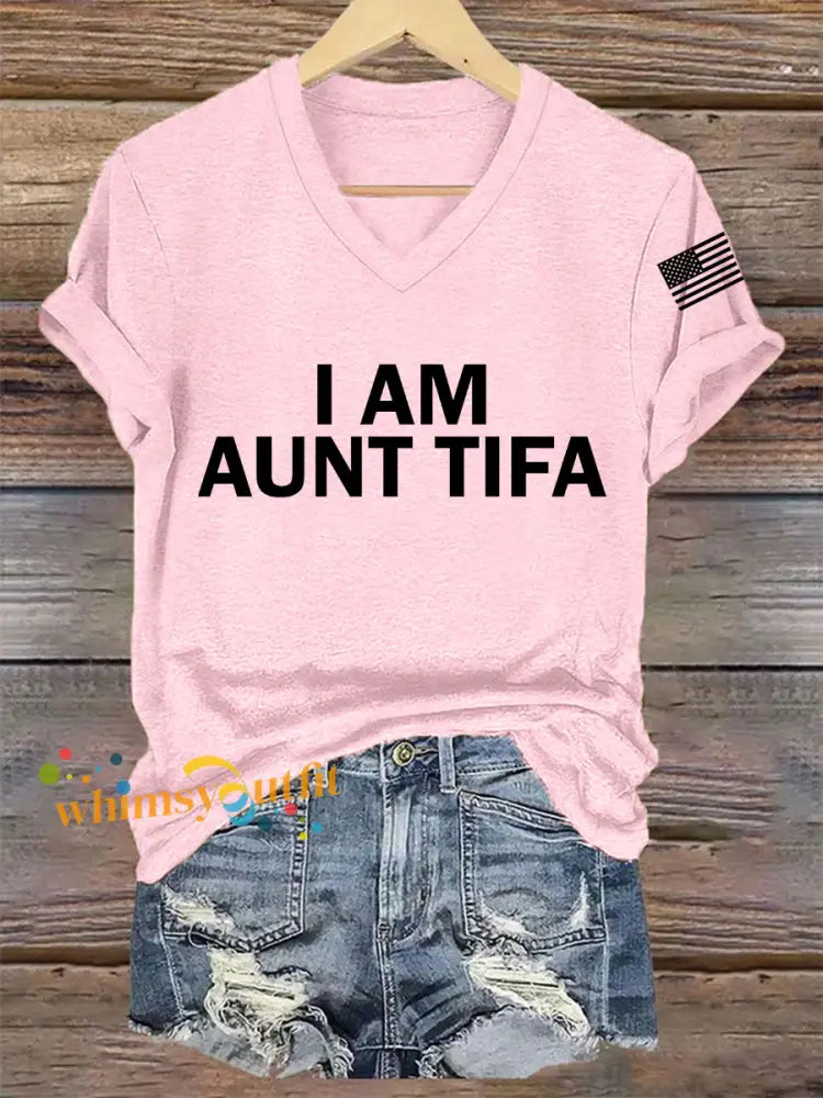 Women’s I Am Aunt Tifa Aunties Against Fascists V-Neck Tee Light Pink / S