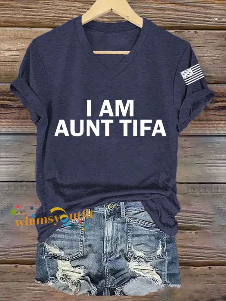 Women’s I Am Aunt Tifa Aunties Against Fascists V-Neck Tee Navy Blue / S
