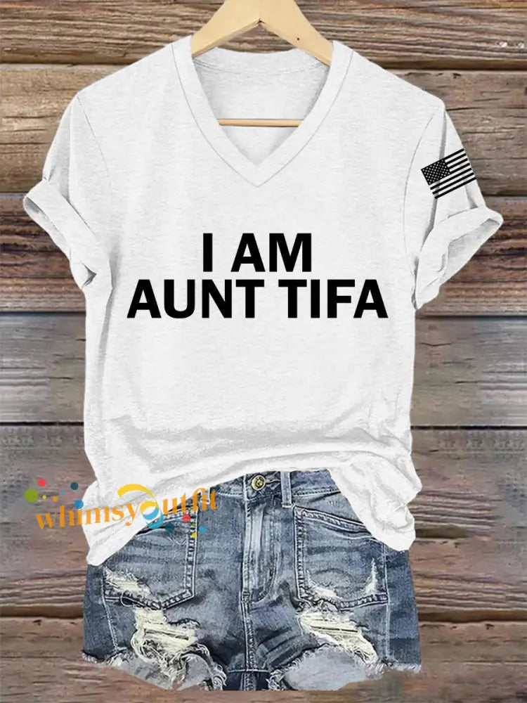 Women’s I Am Aunt Tifa Aunties Against Fascists V-Neck Tee White / S